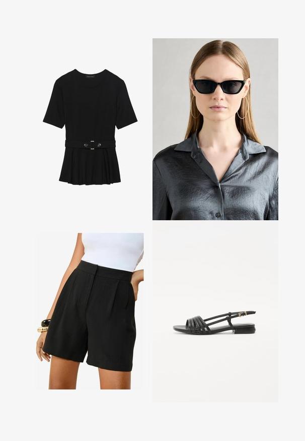 Haut noir à manches courtes fabriqué en matériau lisse, avec un design peplum et une taille ceinturée ornée de deux boutons ronds en métal argenté.; Friends Like These REGULAR FIT - TAILORED ELASTIC BACK - Short - black; Sandales plates noires avec un design à lanières, dotées de plusieurs lanières en cuir et d'une fine boucle à la cheville. La semelle est plate et rectangulaire.; Des lunettes de soleil noires en forme de cat-eye avec une finition brillante, portées avec une chemise boutonnée grise texturée à col. De grandes boucles d'oreilles créoles sont visibles.