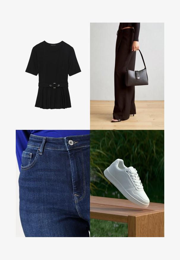 Top preto de mangas curtas, feito de material suave, com design peplum e uma cintura cinto com dois botões redondos em tom prateado.; Calças de ganga em um tom azul escuro com um design clássico de cinco bolsos, apresentando costuras claras em contraste e um fecho frontal com botão.; Sapatilha branca com um cabedal sintético liso, caixa dos dedos perfurada, atacadores planos e uma sola texturizada, exposta sobre uma superfície de madeira.; Bolsa preta com forma estruturada, textura suave e um fecho metálico. Combinada com calças largas pretas e sandálias de salto aberto sobre um chão de madeira.