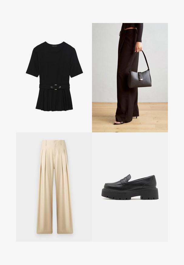 Čierny krátky rukáv top vyrobený z hladkého materiálu, so strihom peplum a opaskom v páse so syntetickými guľatými striebornými gombíkmi.; Béžové nohavice s širokými nohavicami vyrobené z hladkej látky. Majú ostré skladanie, vysoký pás a jemné švy pre elegantný vzhľad.; Čierne kožené mokasíny s nízkou, robustnou gumovou podrážkou, prešívanými detailmi na vrchu a hladkou textúrou.; Čierna kabelka so štruktúrovaným tvarom, hladkou textúrou a kovovou sponou. V kombinácii so širokými čiernymi nohavicami a sandálmi s otvorenou špičkou na drevenej podlahe.