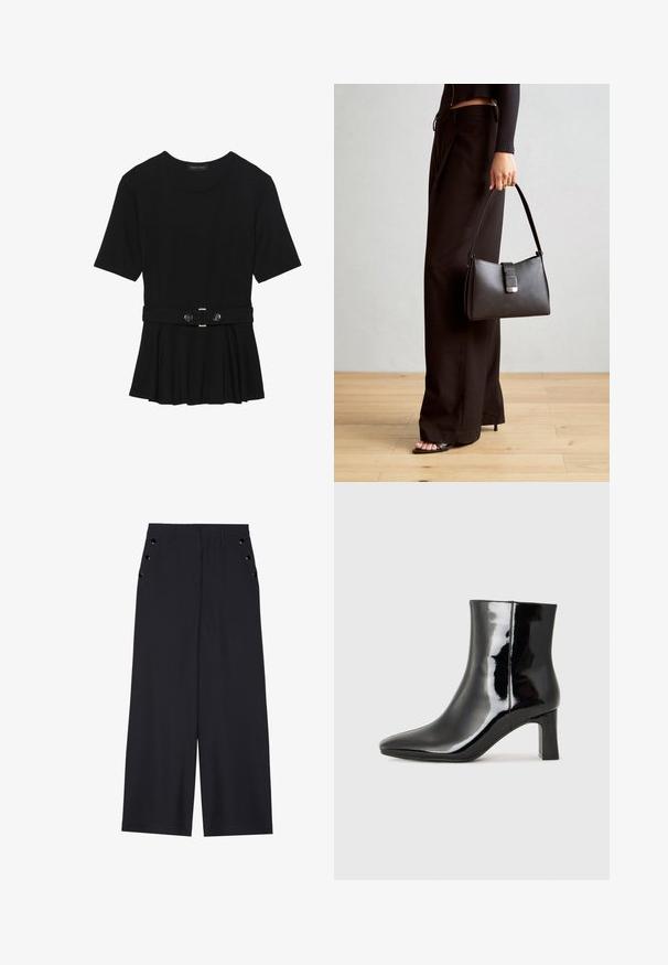Zwart топ met korte mouwen van glad materiaal, voorzien van een peplum ontwerp en een riem in de taille met twee ronde, zilverkleurige knopen.; Zwarte wijde broek in donkerblauw materiaal, met een gladde textuur, voorplooien en decoratieve goudkleurige ogen op de zijzakken.; Zwarte gepolijste leren enkellaars met een spitse neus en een blokhak van gemiddelde hoogte. Glad textuur en minimalistisch ontwerp.; Zwarte handtas met gestructureerde vorm, gladde textuur en een metalen sluiting. Gecombineerd met brede zwarte broeken en sandalen met open teen op een houten vloer.