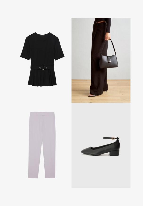 Μαύρη κοντομάνικη μπλούζα από λεία ύφανση, με σχέδιο peplum και ζωνάκι στη μέση, διακοσμημένο με δύο στρογγυρά, ασημί κουμπιά.; Απαλά μωβ παντελόνια φτιαγμένα από λείο ύφασμα, με κομψή εφαρμογή, θηλιές ζώνης και ίσια γραμμή.; Μαύρο δερμάτινο τακούνι με μυτερή μύτη και χαμηλό τετράγωνο τακούνι. Διαθέτει λουράκι στον αστράγαλο με χρυσό τόνο πόρπη. Λείο υφή.; Μαύρη τσάντα χειρός με δομημένο σχήμα, λεία υφή και μεταλλικό κούμπωμα. Συνδυασμένη με φαρδιά μαύρα παντελόνια και σανδάλια ανοιχτής μύτης πάνω σε ξύλινο πάτωμα.