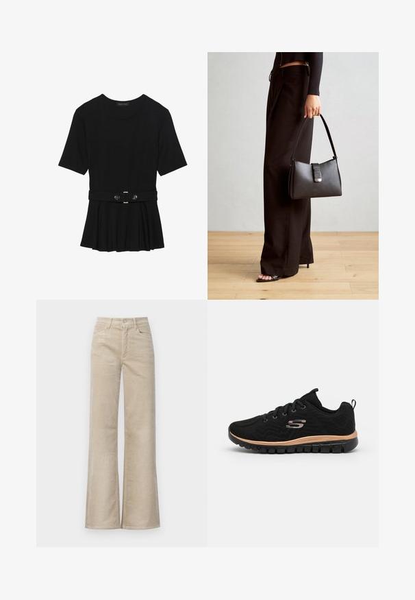 Haut noir à manches courtes fabriqué en matériau lisse, avec un design peplum et une taille ceinturée ornée de deux boutons ronds en métal argenté.; Pantalons en velours côtelé beiges taille haute à jambes larges avec poches avant, passants de ceinture et fermeture à bouton métallique.; Baskets de sport noires avec une tige en maille texturée, dotées d'une semelle intermédiaire couleur cuivre, d'une semelle rembourrée et de lacets pour un maintien sûr.; Sac à main noir à la forme structurée, texture lisse et fermoir métallique. Associé à un pantalon noir ample et des sandales ouvertes sur un sol en bois.