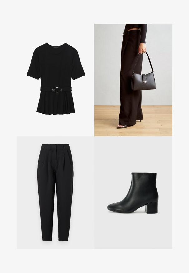 Must mustriga lühikeste varrukatega tipp, valmistatud siledast materjalist, millel on peplum-disain ja vöödiga talje, millel on kaks ümmargust, hõbedase tooni nuppu.; Mustad püksid sirge lõikega, millel on voldid ees, sile tekstuur ja küljehoiukotid. Vöökoht on standardkõrgus.; Mustad nahast pahkluu saapad terava varbaga ja jämeda kandaga. Sile tekstuur minimaalse aktsentidega ja stiilne, lihvitud disain.; Must musta kott, millel on struktureeritud kuju, sile tekstuur ja metallist klamber. Kombineeritud laiate mustade pükstega ja avatud varvaste sandaalidega puidust põrandal.