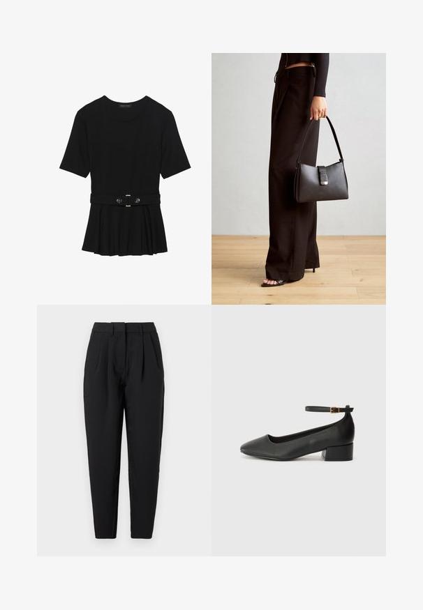 Μαύρη κοντομάνικη μπλούζα από λεία ύφανση, με σχέδιο peplum και ζωνάκι στη μέση, διακοσμημένο με δύο στρογγυρά, ασημί κουμπιά.; Μαύρο παντελόνι με ίσια γραμμή, διαθέτει πτυχώσεις μπροστά, λεία υφή και πλαινά τσέπες. Η μέση έχει κανονικό ύψος.; Μαύρο δερμάτινο τακούνι με μυτερή μύτη και χαμηλό τετράγωνο τακούνι. Διαθέτει λουράκι στον αστράγαλο με χρυσό τόνο πόρπη. Λείο υφή.; Μαύρη τσάντα χειρός με δομημένο σχήμα, λεία υφή και μεταλλικό κούμπωμα. Συνδυασμένη με φαρδιά μαύρα παντελόνια και σανδάλια ανοιχτής μύτης πάνω σε ξύλινο πάτωμα.