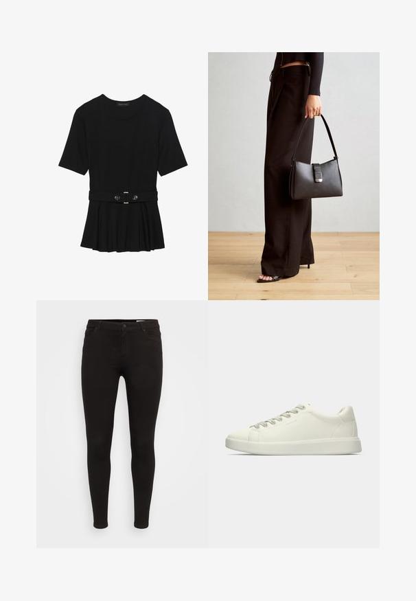 Top preto de mangas curtas, feito de material suave, com design peplum e uma cintura cinto com dois botões redondos em tom prateado.; Jeans pretos justos feitos de denim de algodão elástico, com um design clássico de cinco bolsos e fecho com botão.; Sapatilha de couro branca de cano baixo com fecho de atacador e sola de borracha plana, vista de lado sobre um fundo simples.; Bolsa preta com forma estruturada, textura suave e um fecho metálico. Combinada com calças largas pretas e sandálias de salto aberto sobre um chão de madeira.