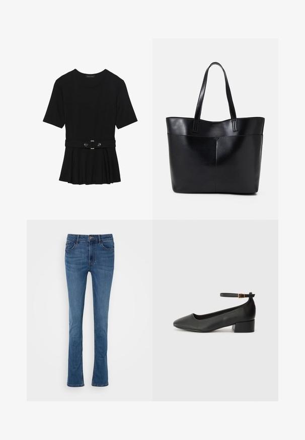 Musta lyhythihainen paita, joka on valmistettu sileästä materiaalista ja jossa on peplum-muotoilu sekä vyötäröllä vyö, jossa on kaksi pyöreää hopeanväristä nappia.; Siniset farkkupöksyt, joissa on viisipaikkaiset taskut, vyölenkit ja etupainike. Erottuva sileä pinta ja lievä kuluminen.; Mustat nahkakengät, joissa on terävä kärki ja matala lohkare korko. Varustettu nilkkahihnalla, jossa on kultasävyinen solki. Lisää sileä pinta.; Musta nahkainen kassi, jossa on kaksi pitkää kahvaa, sileä pinta ja jämäkkä muoto. Sisältää etutaskun lisävarastointia varten.