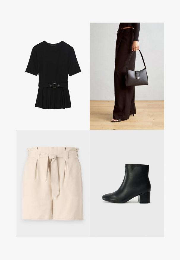 Czarna bluzka krótki rękaw wykonana z gładkiego materiału, z fasonem peplum i paskiem w talii z dwoma okrągłymi, srebrnymi guzikami.; Beżowe szorty o dopasowanym kroju, wykonane z lekkiego materiału, z paskiem w talii, detalami w formie zaszewek oraz prostym krojem.; Czarne skórzane botki za kostkę z ostrym noskiem i masywnym obcasem. Gładka tekstura z minimalnymi akcentami i elegancki, dopasowany fason.; Czarna torebka o usztywnionym kształcie, gładkiej fakturze i metalowym zapięciem. Połączona z szerokimi czarnymi spodniami i sandałami na otwartym palcu na drewnianej podłodze.