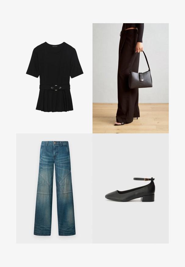 Črn kratek rokav srajca iz gladkega materiala, z obliko pepluma in pasom s pasom ter dvema okroglega srebrno-toniranima gumboma.; Široke denim hlače v srednji modri barvi, z zbledelim videzom, šivi izšito v patchwork stilu ter klasičnim petim žepom in gumbom za zapiranje.; Črne usnjene pumpice z nazobčanimi prsti in nizko blokasto peto. Imajo trak okoli gležnja z zaponko v zlatem tonu. Gladka tekstura.; Črna torbica z strukturirano obliko, gladko teksturo in kovinskim zaponko. Ujemajo se z širokimi črnimi hlačami in odprtimi sandali na lesenem tleh.