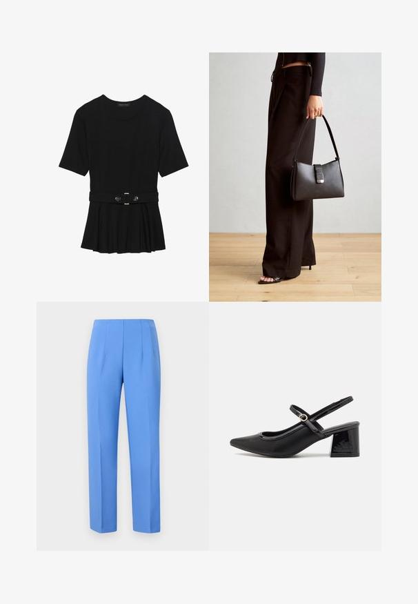 Black short-sleeve top made of smooth material, featuring a peplum design and a belted waist with two round, silver-tone buttons.; Blue tailored pants made of smooth fabric with side pleats, featuring a straight cut and a clean waistband. No visible hardware or patterns.; Black patent leather slingback heels with a pointed toe, a rounded cutout design, and a block heel. Features a gold-tone buckle accent.; Black handbag with structured shape, smooth texture, and a metallic clasp. Paired with wide black pants and open-toe sandals on wooden floor.