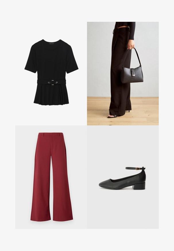 Top preto de mangas curtas, feito de material suave, com design peplum e uma cintura cinto com dois botões redondos em tom prateado.; Calças de perna larga numa cor bordeaux profunda. Feitas de um tecido liso e elástico, com costuras bem ajustadas e fecho de zip na frente.; Sandal de pele preta com bico pontiagudo e um salto bloco baixo. Apresenta uma tira no tornozelo com uma fivela em tom dourado. Textura suave.; Bolsa preta com forma estruturada, textura suave e um fecho metálico. Combinada com calças largas pretas e sandálias de salto aberto sobre um chão de madeira.