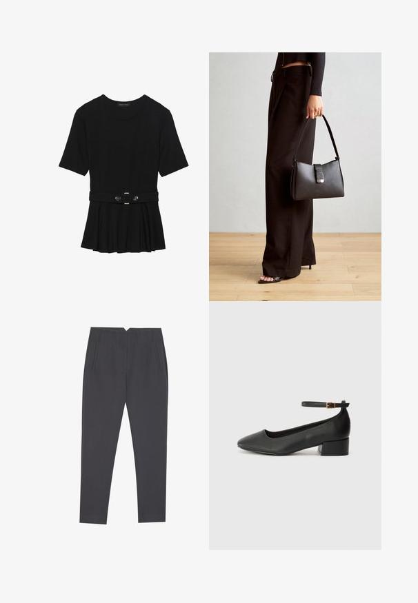 Zwart топ met korte mouwen van glad materiaal, voorzien van een peplum ontwerp en een riem in de taille met twee ronde, zilverkleurige knopen.; Donkergrijze taps toelopende broeken met zijzakken en voorplooien, ontworpen voor een op maat gemaakte pasvorm.; Zwarte leren pump met een spitse neus en een lage blokhak. Beschikt over een enkelband met een goudkleurige gespsluiting. Gladde textuur.; Zwarte handtas met gestructureerde vorm, gladde textuur en een metalen sluiting. Gecombineerd met brede zwarte broeken en sandalen met open teen op een houten vloer.