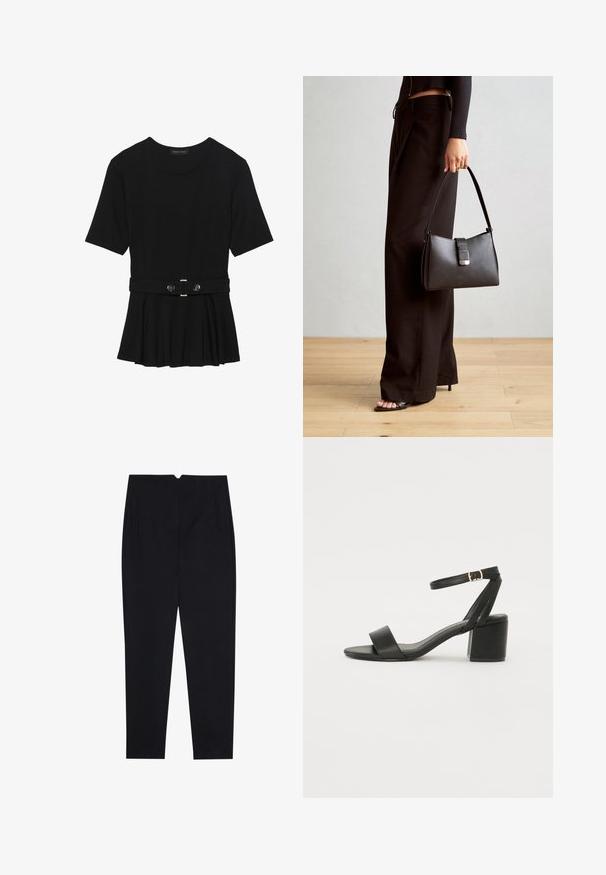 Haut noir à manches courtes fabriqué en matériau lisse, avec un design peplum et une taille ceinturée ornée de deux boutons ronds en métal argenté.; Pantalons noirs en tissu texturé, avec une taille plate, des poches latérales et une coupe droite avec une taille mi-haute.; Sandale à talons noirs avec un dessus en cuir lisse, une ouverture à l'avant, de larges brides avant et une bride de cheville ajustable avec une boucle dorée.; Sac à main noir à la forme structurée, texture lisse et fermoir métallique. Associé à un pantalon noir ample et des sandales ouvertes sur un sol en bois.