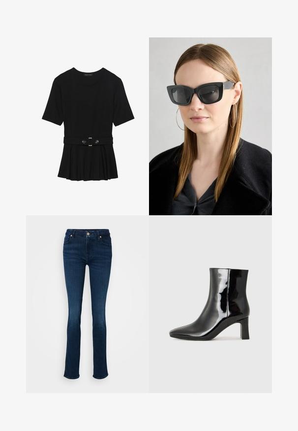 Fekete, rövid ujjú felső sima anyagból, peplum fazonnal és övvel a deréknál, két kerek, ezüst árnyalatú gombbal.; Sötétkék farmernadrág, magas derekú, slim fit szabással, elülső gombos záródással és finom varrással a zsebeknél.; Fekete lakk bőrcipő bokáig érő, hegyes orral és közepes magasságú tömbsarokkal. Simább textúrával és minimalista dizájnnal rendelkezik.; Fekete macskaszem napszemüveg sötét lencsékkel, vastag kerettel és diszkrét díszítésekkel. Fekete kabátot és szürke felsőt visel, hosszú egyenes hajjal.