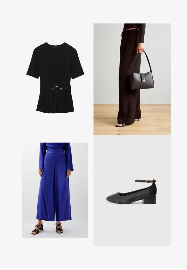 Haut noir à manches courtes fabriqué en matériau lisse, avec un design peplum et une taille ceinturée ornée de deux boutons ronds en métal argenté.; Pantalons larges en tissu bleu vibrant avec un motif subtil, dotés d'une taille plate et associés à des sandales à talons bloc noires à lanières.; Escarpin en cuir noir avec un bout pointu et un petit talon bloc. Doté d'une bride de cheville avec une boucle dorée. Texture lisse.; Sac à main noir à la forme structurée, texture lisse et fermoir métallique. Associé à un pantalon noir ample et des sandales ouvertes sur un sol en bois.
