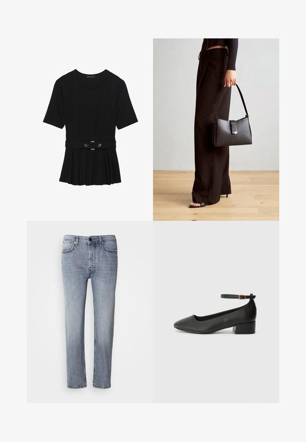 Zwart топ met korte mouwen van glad materiaal, voorzien van een peplum ontwerp en een riem in de taille met twee ronde, zilverkleurige knopen.; Lichtblauwe denim jeans met een ontspannen pasvorm, rechte pijpen en subtiele vervaging. Voorzien van een knoopsluiting aan de voorkant en vijf zakken voor functionaliteit.; Zwarte leren pump met een spitse neus en een lage blokhak. Beschikt over een enkelband met een goudkleurige gespsluiting. Gladde textuur.; Zwarte handtas met gestructureerde vorm, gladde textuur en een metalen sluiting. Gecombineerd met brede zwarte broeken en sandalen met open teen op een houten vloer.