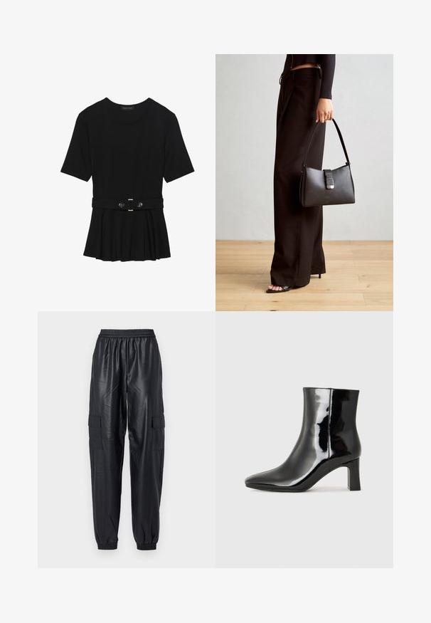 Fekete, rövid ujjú felső sima anyagból, peplum fazonnal és övvel a deréknál, két kerek, ezüst árnyalatú gombbal.; Fekete cargo nadrág fényes szintetikus anyagból, rugalmas derékrésszel, beszűkült mandzsettákkal és két oldalsó cargo zsebbel.; Fekete lakk bőrcipő bokáig érő, hegyes orral és közepes magasságú tömbsarokkal. Simább textúrával és minimalista dizájnnal rendelkezik.; Fekete kézi táska strukturált formával, sima textúrával és fémből készült záródással. Széles fekete nadrággal és nyitott orrú szandállal párosítva, fából készült padlón.