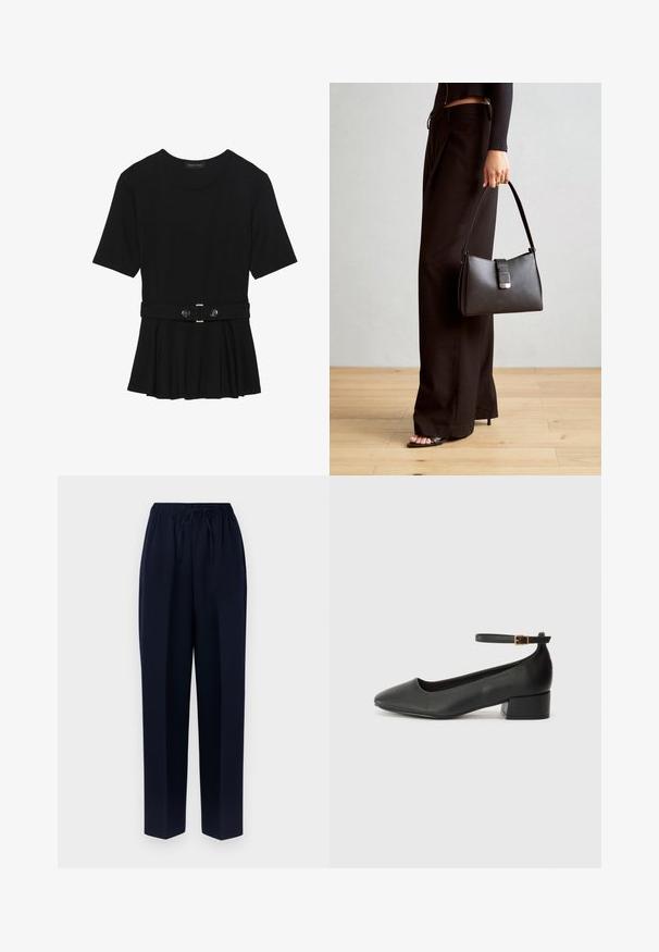 Zwart топ met korte mouwen van glad materiaal, voorzien van een peplum ontwerp en een riem in de taille met twee ronde, zilverkleurige knopen.; Marineblauwe wijde broek met een elastische tailleband en een verstelbaar trekkoord. Gemaakt van glad stof met een recht silhouet en zonder zakken.; Zwarte leren pump met een spitse neus en een lage blokhak. Beschikt over een enkelband met een goudkleurige gespsluiting. Gladde textuur.; Zwarte handtas met gestructureerde vorm, gladde textuur en een metalen sluiting. Gecombineerd met brede zwarte broeken en sandalen met open teen op een houten vloer.