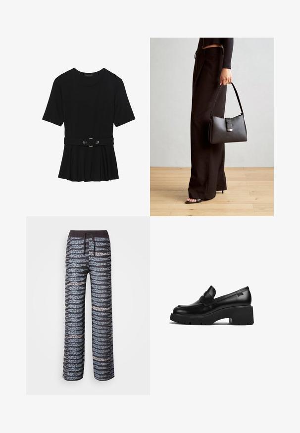 Schwarzes Kurzarmoberteil aus glattem Material, mit einem Peplum-Design und einem taillierten Bund, der mit zwei runden, silberfarbenen Knöpfen ausgestattet ist.; Schwarze Jogginghose mit blauem und grauem, blattformigem Muster, elastischem Bund, Kordelzug und weitem Schnitt. Weiche Textur, lockere Passform.; Schwarze Leder-Loefer mit klobigem Absatz, dicker Sohle und einem Riemen über der Oberseite, seitlich auf einem weißen Hintergrund gezeigt.; Schwarze Handtasche mit strukturierter Form, glatter Textur und einem metallischen Verschluss. Kombiniert mit weiten schwarzen Hosen und offenen Sandalen auf einem Holzboden.