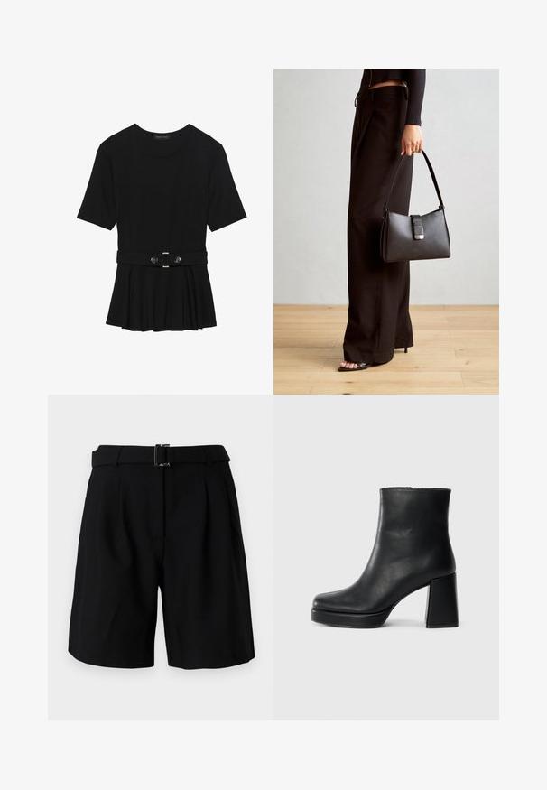 Juodas trumpomis rankovėmis viršus, pagamintas iš lygaus audinio, su peplum dizainu ir su diržu juosmenyje, papuoštas dviem apvaliomis sidabro spalvos mygtukais.; Juodi pritaikyti šortai su glotnia tekstūra, turintys plačią juosmenį ir metalinį sagties akcentą. Struktūrizuotas dizainas ir raukiniai priekinėje dalyje.; Juodas odinis kulkšninis botas su bloku ir platformos padu, matomas šoniniu vaizdu ant balto fono.; Juodas rankinė struktūrizuota forma, lygi tekstūra ir metalinis užsegimas. Suporuota su plačiomis juodomis kelnėmis ir atvirais bateliais ant medinių grindų.
