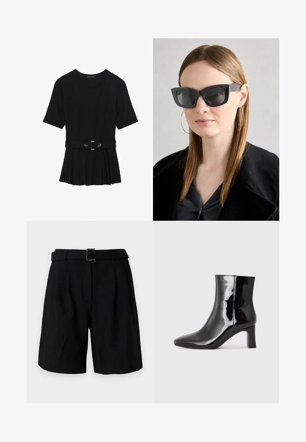 Top preto de mangas curtas, feito de material suave, com design peplum e uma cintura cinto com dois botões redondos em tom prateado.; Calções pretos de corte ajustado com uma textura suave, apresentando uma cintura larga e um detalhe de fivela metálica. Design estruturado e frente plissada.; Botim de tornozelo em pele sintética preta com bico apontado e salto bloco de altura média. Textura suave e design minimalista.; Óculos de sol pretos em formato de gato com lentes escuras, armações grossas e acentos subtis. Usados com um casaco preto e uma blusa cinza, apresentando cabelo longo e liso.