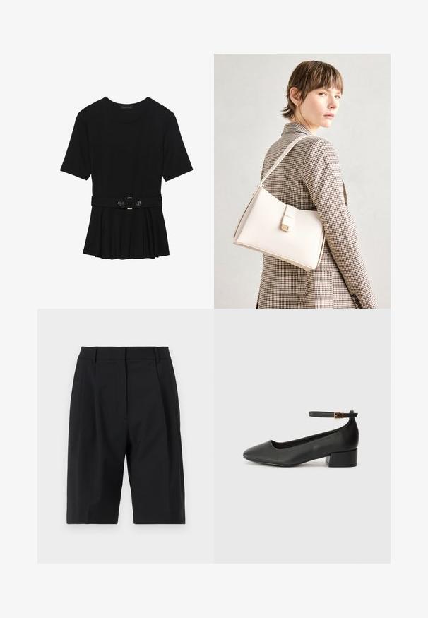 Melnas īsām piedurknēm topiņš, izgatavots no gludas materiāla, ar pepluma dizainu un jostu ar divām apaļām sudraba krāsas pogām.; Selected Femme SLFABBI BERMUDA - Šorti - black; Melnas ādas sūkņi ar smailu purngalu un zemu bloku papēdi. Iezīmēts ar potītes siksniņu ar zelta krāsas sprādzi. Gluda tekstūra.; Balta ādas rokassoma ar strukturētu dizainu, kurai ir magnētiska aizdare un plecu josta, parādīta uz neitrāla fona.