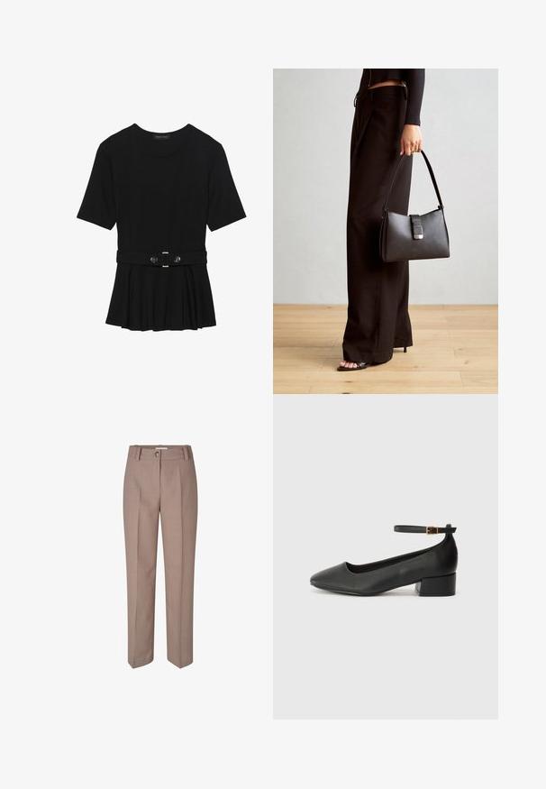 Svart kortärmad topp i slätt material med peplumdesign och bälte i midjan, prydd med två runda knappar i silverfärg.; Beiga skräddarsydda byxor med rak bendesign, med knappstängning och veckad front. Slät textur och polerad yta.; Svart läderpump med spetsig tå och en låg klack. Har en ankelsnodd med en guldtonad spänne. Slät textur.; Svart handväska med strukturerad form, slät yta och metallspänne. Matchad med vida svarta byxor och sandaler med öppen tå på trägolv.