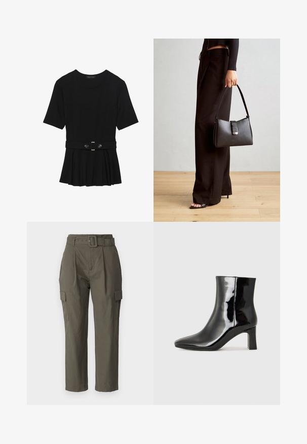 Schwarzes Kurzarmoberteil aus glattem Material, mit einem Peplum-Design und einem taillierten Bund, der mit zwei runden, silberfarbenen Knöpfen ausgestattet ist.; Cargo-Hosen in Olivgrün, aus leichtem Stoff. Merkmale sind ein taillierter Bund, Vorderfalten und Seitentaschen mit Klappenverschluss.; Schwarzer Lackleder-Stiefelette mit spitzer Zehe und einem mittelhohen Blockabsatz. Glatte Textur und minimalistisches Design.; Schwarze Handtasche mit strukturierter Form, glatter Textur und einem metallischen Verschluss. Kombiniert mit weiten schwarzen Hosen und offenen Sandalen auf einem Holzboden.