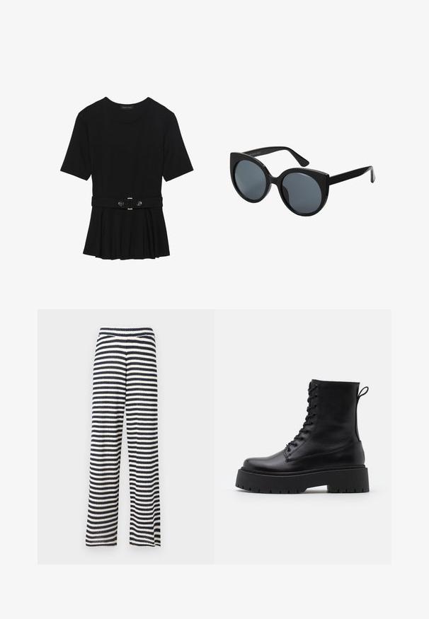 Top preto de mangas curtas, feito de material suave, com design peplum e uma cintura cinto com dois botões redondos em tom prateado.; Calças largas feitas de tecido de malha, com riscas horizontais em azul marinho e creme, superfície texturizada e cintura elástica.; Botas de couro pretas até ao tornozelo, com bico redondo, atacador na frente e uma sola de borracha espessa com um padrão texturizado. Alça na parte de trás.; Óculos de sol grandes e pretos com formato de olhos de gato, lentes escuras e armação de plástico brilhante. Apresenta hastes grossas para suporte.; Bolsa borgonha feita de material sintético com um design estruturado, apresentando uma alça destacável e um lenço com padrão floral amarrado à pega.