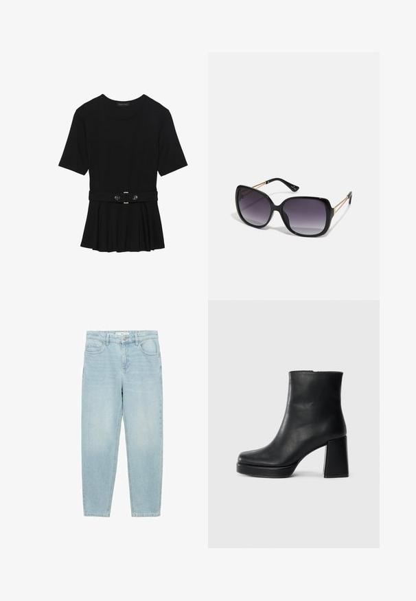 Svart kortärmad topp i slätt material med peplumdesign och bälte i midjan, prydd med två runda knappar i silverfärg.; Ljusblå denimjeans med rak passform, femfickdesign, knappstängning fram och lätt blekt struktur.; Svart läderankelboot med blockklack och platåsula, sedd från sidan på en enkel vit bakgrund.; Svarta överdimensionerade solglasögon med gradientlinser, tjocka bågar och kedjedetaljer i guldton vid tempelarmarna.