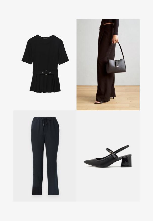 Melnas īsām piedurknēm topiņš, izgatavots no gludas materiāla, ar pepluma dizainu un jostu ar divām apaļām sudraba krāsas pogām.; Melnas, brīvi pieguļošas bikses ar elastīgu jostu un auklu. Izgatavotas no viegla auduma, ar gludu tekstūru un taisnām kājām.; Melns patentēts ādas sandales ar norādīta pirksta formu, noapaļotu izgriezuma dizainu un bloķētu papēdi. Iezīmēta ar zelta toņa sprādzi.; Melnā somiņa ar strukturētu formu, gludu tekstūru un metālu sprādzi. Saskaņota ar platām melnām biksēm un sandālēm ar atvērtu purngalu uz koka grīdas.