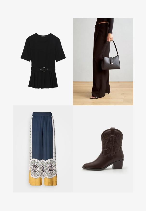 Fekete, rövid ujjú felső sima anyagból, peplum fazonnal és övvel a deréknál, két kerek, ezüst árnyalatú gombbal.; Tengerészkék, bővülő nadrág, rugalmas derékkal, geometrikus mintákkal fehér, zöld és sárga színben az alján és az oldalán.; Barna bőr cowboy csizmák, hegyes orral, domború szárny mintákkal, közepes magasságú blokksarkakkal és hátsó húzófüllel.; Fekete kézi táska strukturált formával, sima textúrával és fémből készült záródással. Széles fekete nadrággal és nyitott orrú szandállal párosítva, fából készült padlón.