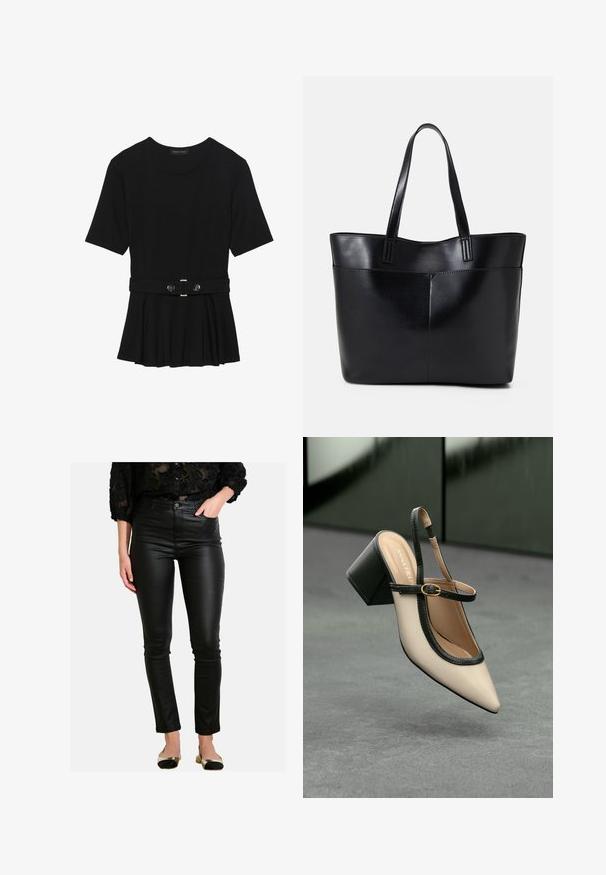 Top negro de manga corta fabricado en un material suave, con un diseño de peplum y una cintura ceñida con un cinturón que incluye dos botones redondos en tono plateado.; Pantalones skinny de imitación de cuero negros con cintura alta y una textura suave, que cuentan con un cierre frontal de botón y detalles de costura mínimos.; Zapato slingback de punta beige con ribete negro, hebilla dorada y un tacón cuadrado grueso sobre un suelo gris con fondo verde oscuro.; Bolso tote de cuero negro con dos asas largas, textura suave y forma estructurada. Cuenta con un bolsillo frontal para almacenamiento adicional.