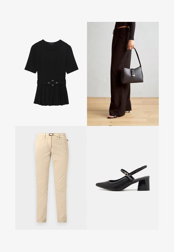 Crna majica kratkih rukava od glatkog materijala, s peplum dizajnom i pojasom s dva okrugla srebrna dugmeta.; Bež chinos hlače od pamuka s glatkom teksturom, s tkanim remenom i standardnim džepovima. Uski kroj s ravnim nogavicama.; Crne lakirane slingback visoke potpetice s šiljastim vrhom, zaobljenim izrezom i blok potpeticom. Sadrži akcent zlatnog tona s kopčom.; Crna torba s oblikom koji sadrži strukturu, glađu teksturu i metalnu kopču. Uparena s širokim crnim hlačama i sandalama na otvorenom s drvenog poda.
