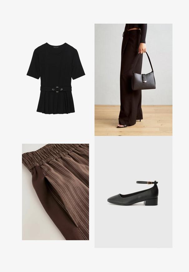 Schwarzes Kurzarmoberteil aus glattem Material, mit einem Peplum-Design und einem taillierten Bund, der mit zwei runden, silberfarbenen Knöpfen ausgestattet ist.; Brauner, plissierter Rock mit einem elastischen Bund, der vertikale Streifen in helleren Farbtönen aufweist. Glatte Textur, der Stoff fällt weich.; Schwarze Lederpumps mit spitzem Zehenbereich und niedrigem Blockabsatz. Mit einem Knöchelriemen und einer goldfarbenen Schnalle. Glatte Textur.; Schwarze Handtasche mit strukturierter Form, glatter Textur und einem metallischen Verschluss. Kombiniert mit weiten schwarzen Hosen und offenen Sandalen auf einem Holzboden.