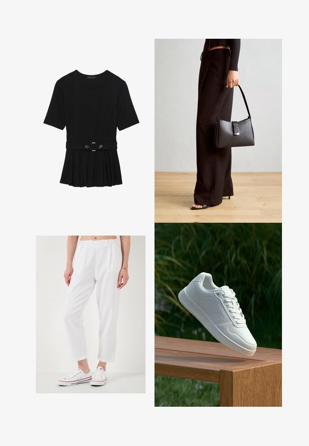 Juodas trumpomis rankovėmis viršus, pagamintas iš lygaus audinio, su peplum dizainu ir su diržu juosmenyje, papuoštas dviem apvaliomis sidabro spalvos mygtukais.; LELA Kelnės - white; Balti sneakeriai su lygia sintetine viršutine dalimi, perforuota pirštų zona, plokščiomis raištelėmis ir tekstūruotu padu, padėti ant medinės paviršiaus.; Juodas rankinė struktūrizuota forma, lygi tekstūra ir metalinis užsegimas. Suporuota su plačiomis juodomis kelnėmis ir atvirais bateliais ant medinių grindų.