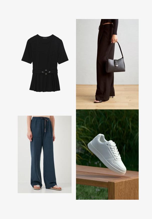 Fekete, rövid ujjú felső sima anyagból, peplum fazonnal és övvel a deréknál, két kerek, ezüst árnyalatú gombbal.; Tengerészkék, széles szárú nadrág puha anyagból, két elülső zsebbel, rugalmas derékrésszel és zsinórral; lapos szandállal viselve.; Fehér sportcipő sima szintetikus felsőrésszel, perforált lábujjrész, lapos fűzőkkel és texturált talppal, fából készült felületen kihelyezve.; Fekete kézi táska strukturált formával, sima textúrával és fémből készült záródással. Széles fekete nadrággal és nyitott orrú szandállal párosítva, fából készült padlón.