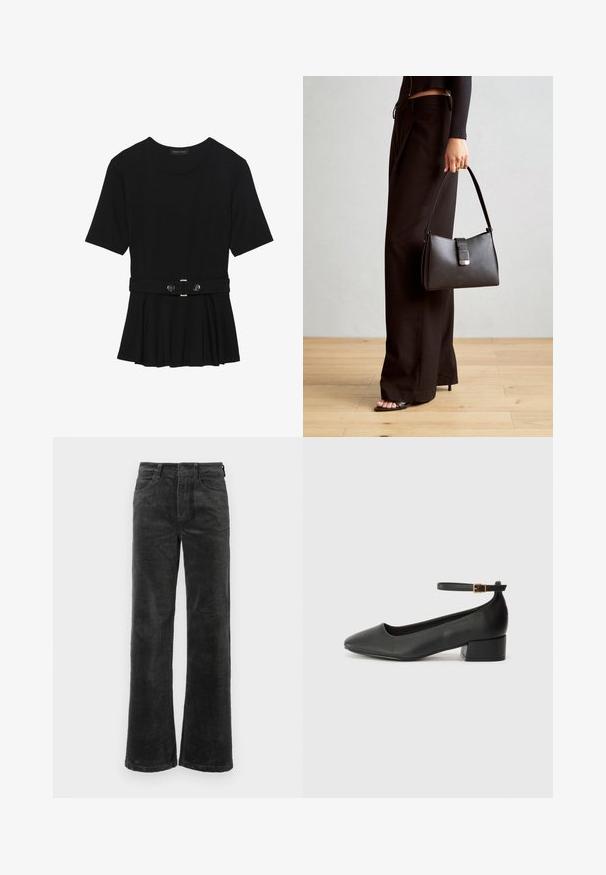 Zwart топ met korte mouwen van glad materiaal, voorzien van een peplum ontwerp en een riem in de taille met twee ronde, zilverkleurige knopen.; Zwarte corduroy broek met wijde benen, voorzien van voorzakken en een knoopsluiting, zachte textuur met een ribpatroon over de gehele broek.; Zwarte leren pump met een spitse neus en een lage blokhak. Beschikt over een enkelband met een goudkleurige gespsluiting. Gladde textuur.; Zwarte handtas met gestructureerde vorm, gladde textuur en een metalen sluiting. Gecombineerd met brede zwarte broeken en sandalen met open teen op een houten vloer.