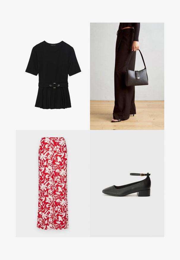 Fekete, rövid ujjú felső sima anyagból, peplum fazonnal és övvel a deréknál, két kerek, ezüst árnyalatú gombbal.; Piros virágos maxi szoknya könnyű anyagból. Nagy fehér virágmintákkal és szűkített derékkal rendelkezik, ami egyenes sziluettet biztosít.; Fekete bőr magassarkú cipő hegyes orral és alacsony tömb sarkal. Bokapánttal rendelkezik, aranyszínű csattal. Simább textúra.; Fekete kézi táska strukturált formával, sima textúrával és fémből készült záródással. Széles fekete nadrággal és nyitott orrú szandállal párosítva, fából készült padlón.