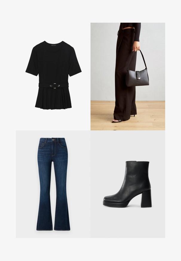 Top negru cu mâneci scurte, realizat dintr-un material neted, cu un design peplum și o talie beltată cu două butoane rotunde de culoare argintie.; TOM TAILOR STELLA denim albastru închis; Botină din piele neagră, cu toc pătrat și talpă platformă, văzută din lateral pe un fundal alb simplu.; Genți negre cu o formă structurată, textură netedă și un închizător metalic. Asortată cu pantaloni negri largi și sandale cu vârf deschis pe un podea din lemn.
