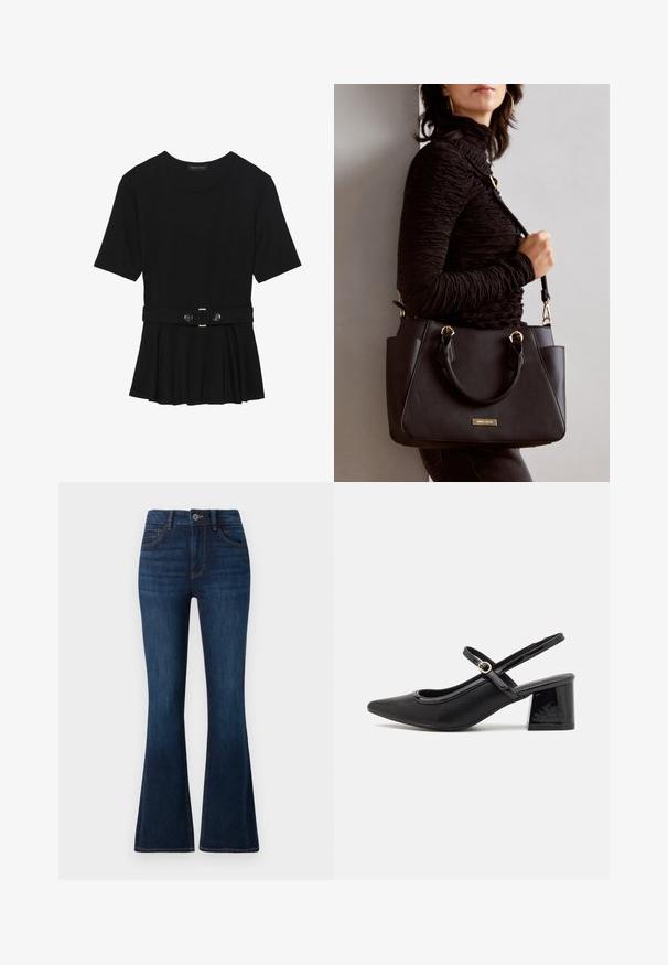 Schwarzes Kurzarmoberteil aus glattem Material, mit einem Peplum-Design und einem taillierten Bund, der mit zwei runden, silberfarbenen Knöpfen ausgestattet ist.; TOM TAILOR STELLA dark-blue denim; Schwarze Lackleder-Slingback-Absätze mit spitzer Zehenform, einem runden Ausschnitt-Design und einem Blockabsatz. Mit einem goldfarbenen Schnallenakzent.; Schwarze Handtasche mit strukturierten Oberflächen, doppelten Obergriffen und verstellbarem Schultergurt. Mit goldfarbener Hardware und Seitentaschen.