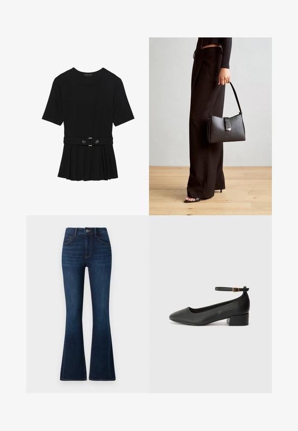 Haut noir à manches courtes fabriqué en matériau lisse, avec un design peplum et une taille ceinturée ornée de deux boutons ronds en métal argenté.; TOM TAILOR STELLA denim bleu foncé; Escarpin en cuir noir avec un bout pointu et un petit talon bloc. Doté d'une bride de cheville avec une boucle dorée. Texture lisse.; Sac à main noir à la forme structurée, texture lisse et fermoir métallique. Associé à un pantalon noir ample et des sandales ouvertes sur un sol en bois.