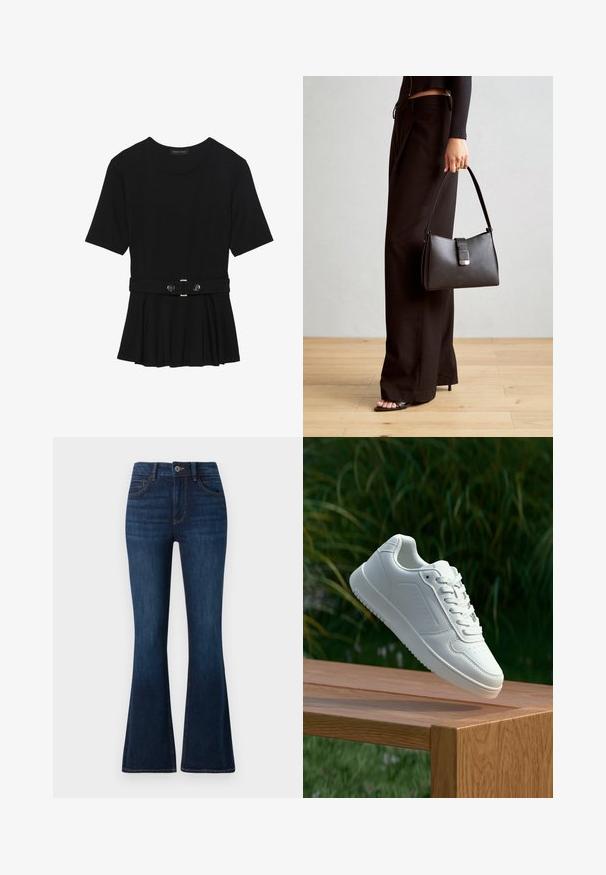 Črn kratek rokav srajca iz gladkega materiala, z obliko pepluma in pasom s pasom ter dvema okroglega srebrno-toniranima gumboma.; TOM TAILOR STELLA temno moder džins; Bela teniska s gladkim sintetičnim zgornjim delom, perforiranim prednjim delom, ravnimi vezalkami in teksturiranim podplatom, prikazana na leseni površini.; Črna torbica z strukturirano obliko, gladko teksturo in kovinskim zaponko. Ujemajo se z širokimi črnimi hlačami in odprtimi sandali na lesenem tleh.
