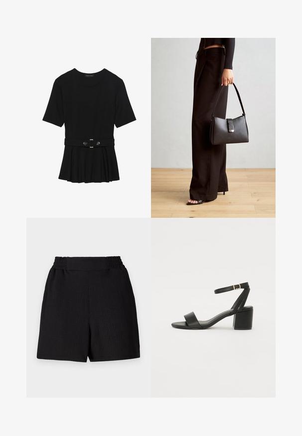 Must mustriga lühikeste varrukatega tipp, valmistatud siledast materjalist, millel on peplum-disain ja vöödiga talje, millel on kaks ümmargust, hõbedase tooni nuppu.; Mustavad lühikesed püksid tekstuuriga kangast, elastse vöökojaga ja sirge lõikega. Omab puhtat disaini, ilma lisakaunistuste või mustriteta.; Mustad mustakäpp featuring a sileda nahast ülemine osa, avatud varvas, laiad esistrapid ja reguleeritav pahkluu rihm kuldse pandlaga.; Must musta kott, millel on struktureeritud kuju, sile tekstuur ja metallist klamber. Kombineeritud laiate mustade pükstega ja avatud varvaste sandaalidega puidust põrandal.
