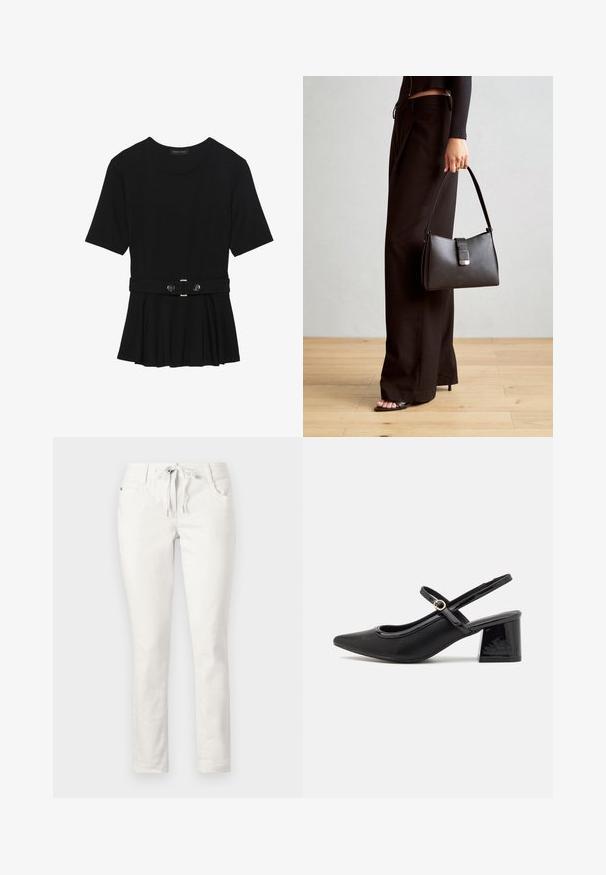 Black short-sleeve top made of smooth material, featuring a peplum design and a belted waist with two round, silver-tone buttons.; White, slim-fit pants featuring a drawstring waist, front pockets, and a smooth texture. Suitable for casual wear or relaxed settings.; Black patent leather slingback heels with a pointed toe, a rounded cutout design, and a block heel. Features a gold-tone buckle accent.; Black handbag with structured shape, smooth texture, and a metallic clasp. Paired with wide black pants and open-toe sandals on wooden floor.
