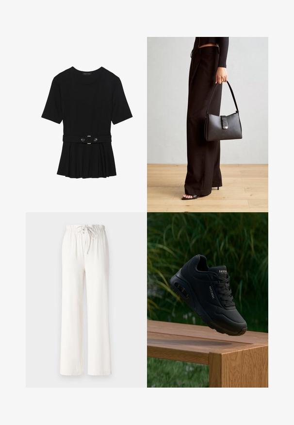 Top corto nero a maniche corte realizzato in materiale liscio, con design peplum e vita cintata adornata da due bottoni tondi in tono argento.; Pantaloni bianchi a gamba larga realizzati in tessuto morbido, con vita regolabile e texture liscia. Nessun motivo o decorazione visibile.; Sneaker nera con tomaia testurizzata, collo imbottito e lacci. Presenta un'imbottitura d'aria, dettagli del logo e una suola in gomma flessibile.; Borsa nera con forma strutturata, texture liscia e una chiusura metallica. Abbinata a pantaloni neri larghi e sandali open-toe su un pavimento in legno.