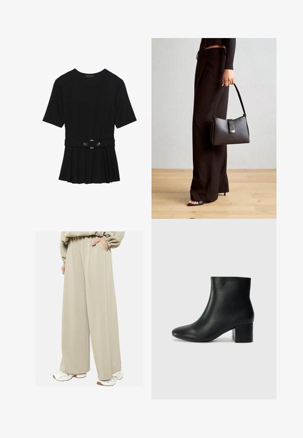 Melnas īsām piedurknēm topiņš, izgatavots no gludas materiāla, ar pepluma dizainu un jostu ar divām apaļām sudraba krāsas pogām.; Beige platmalīgas bikses, kas izgatavotas no mīksta auduma ar brīvu piegriezumu, ar augstu jostasvietu un sānu kabatām, apvienotas ar baltām sporta apaviem.; Melna ādas potīšu zābaki ar smailu purngalu un masīlu papēdi. Gluda tekstūra ar minimāliem akcentiem un gludu, pieguļošu dizainu.; Melnā somiņa ar strukturētu formu, gludu tekstūru un metālu sprādzi. Saskaņota ar platām melnām biksēm un sandālēm ar atvērtu purngalu uz koka grīdas.