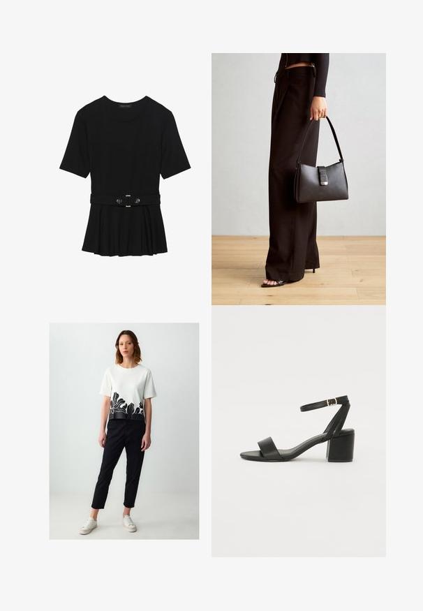 Zwart топ met korte mouwen van glad materiaal, voorzien van een peplum ontwerp en een riem in de taille met twee ronde, zilverkleurige knopen.; Kort wit topje met korte mouwen en een zwart bloemenpatroon aan de onderrand, gecombineerd met zwarte taps toelopende broek en witte sneakers.; Zwarte hoge sandaal met een soepel leren bovenkant, een open teen, brede voorkruisbanden en een verstelbare enkelband met een gouden gespdetail.; Zwarte handtas met gestructureerde vorm, gladde textuur en een metalen sluiting. Gecombineerd met brede zwarte broeken en sandalen met open teen op een houten vloer.