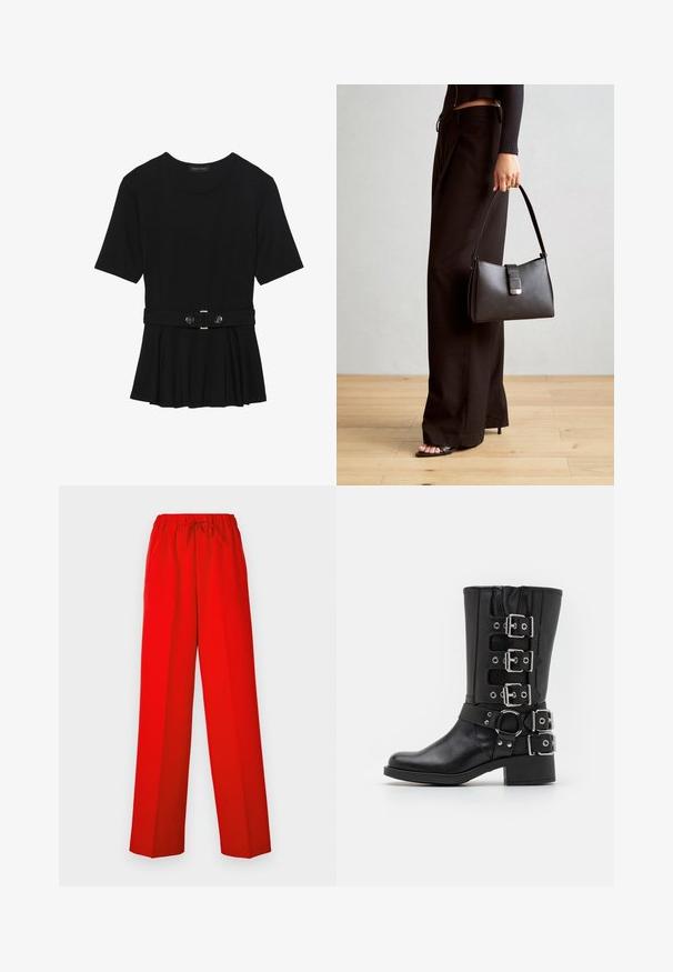 Melnas īsām piedurknēm topiņš, izgatavots no gludas materiāla, ar pepluma dizainu un jostu ar divām apaļām sudraba krāsas pogām.; Sarkani bikses ar platu kāju dizainu, izgatavotas no gludas auduma. Ar elastīgu jostasviedi un auklas detaļu, kas nodrošina regulējamu piegulšanu.; Melnas ādas zābaki ar augstu zoli, ar vairākiem sudraba sprādzēm un siksnām, apaļu akcentu un masīvu papēdi. Matēta apdare.; Melnā somiņa ar strukturētu formu, gludu tekstūru un metālu sprādzi. Saskaņota ar platām melnām biksēm un sandālēm ar atvērtu purngalu uz koka grīdas.