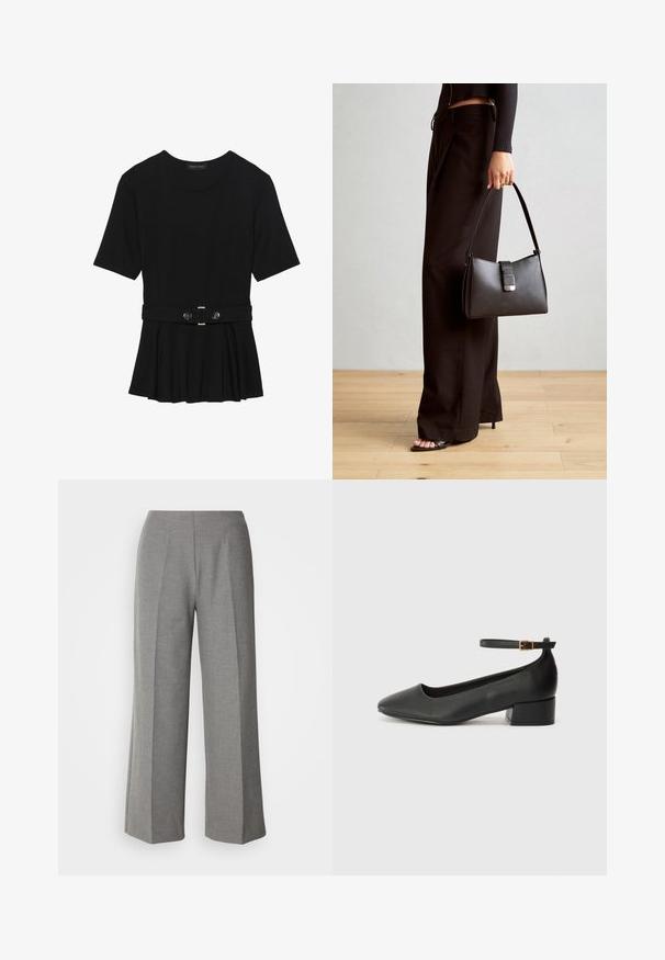 Črn kratek rokav srajca iz gladkega materiala, z obliko pepluma in pasom s pasom ter dvema okroglega srebrno-toniranima gumboma.; Sive široke hlače, prilagojene postavi, z gladko teksturo, z ravnim sprednjim delom in ostrimi pregibi na vsaki nogi.; Črne usnjene pumpice z nazobčanimi prsti in nizko blokasto peto. Imajo trak okoli gležnja z zaponko v zlatem tonu. Gladka tekstura.; Črna torbica z strukturirano obliko, gladko teksturo in kovinskim zaponko. Ujemajo se z širokimi črnimi hlačami in odprtimi sandali na lesenem tleh.