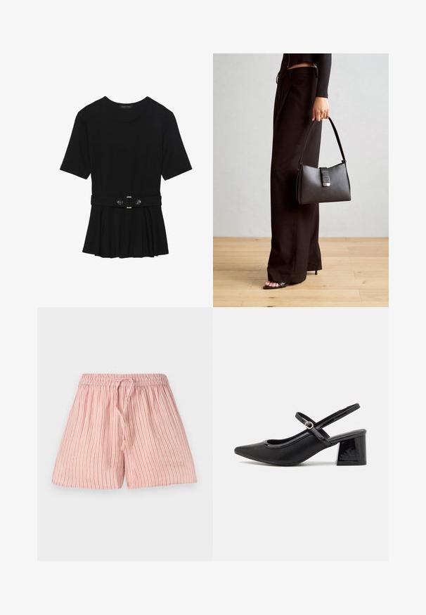 Juodas trumpomis rankovėmis viršus, pagamintas iš lygaus audinio, su peplum dizainu ir su diržu juosmenyje, papuoštas dviem apvaliomis sidabro spalvos mygtukais.; Šviesiai rožinės šortai su vertikaliomis raudonomis juostelėmis, pagaminti iš minkštos medžiagos. Yra elastinga juosmens juosta su virvelei, skirta reguliavimui.; Juodi patentinio odos slingback aukštakulniai su smailiu pirštu, apvaliu išpjovimu ir blokiniu kulnu. Papuošti auksiniu juostos akcentu.; Juodas rankinė struktūrizuota forma, lygi tekstūra ir metalinis užsegimas. Suporuota su plačiomis juodomis kelnėmis ir atvirais bateliais ant medinių grindų.